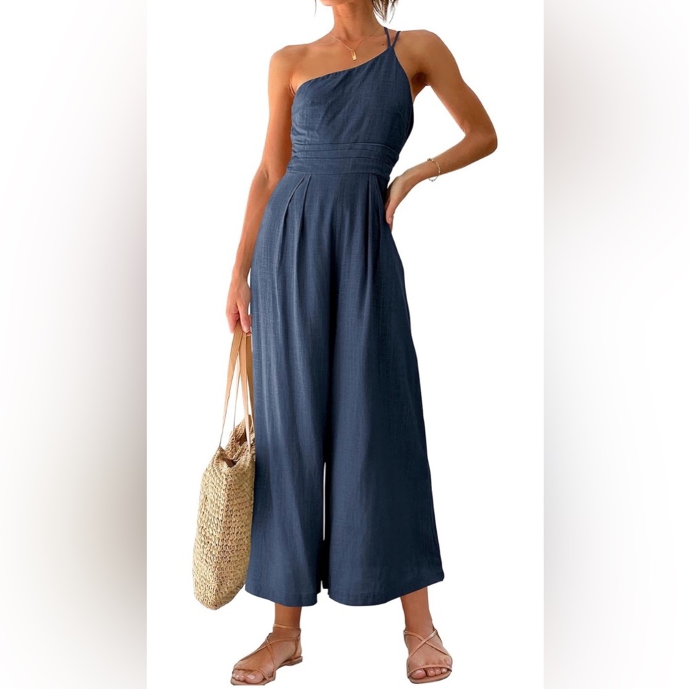 Anrabess Wide-Leg One‎ Shoulder Navy Blue Jumpsuit Small